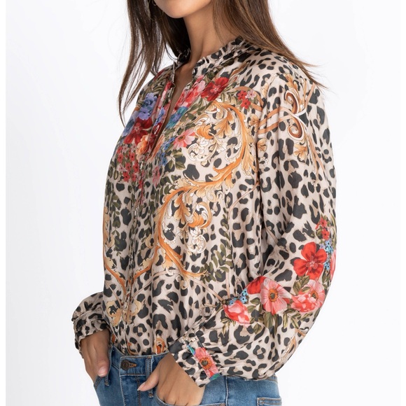 Johnny Was CHEETAH AMABEL BLOUSE 100% silk size M
